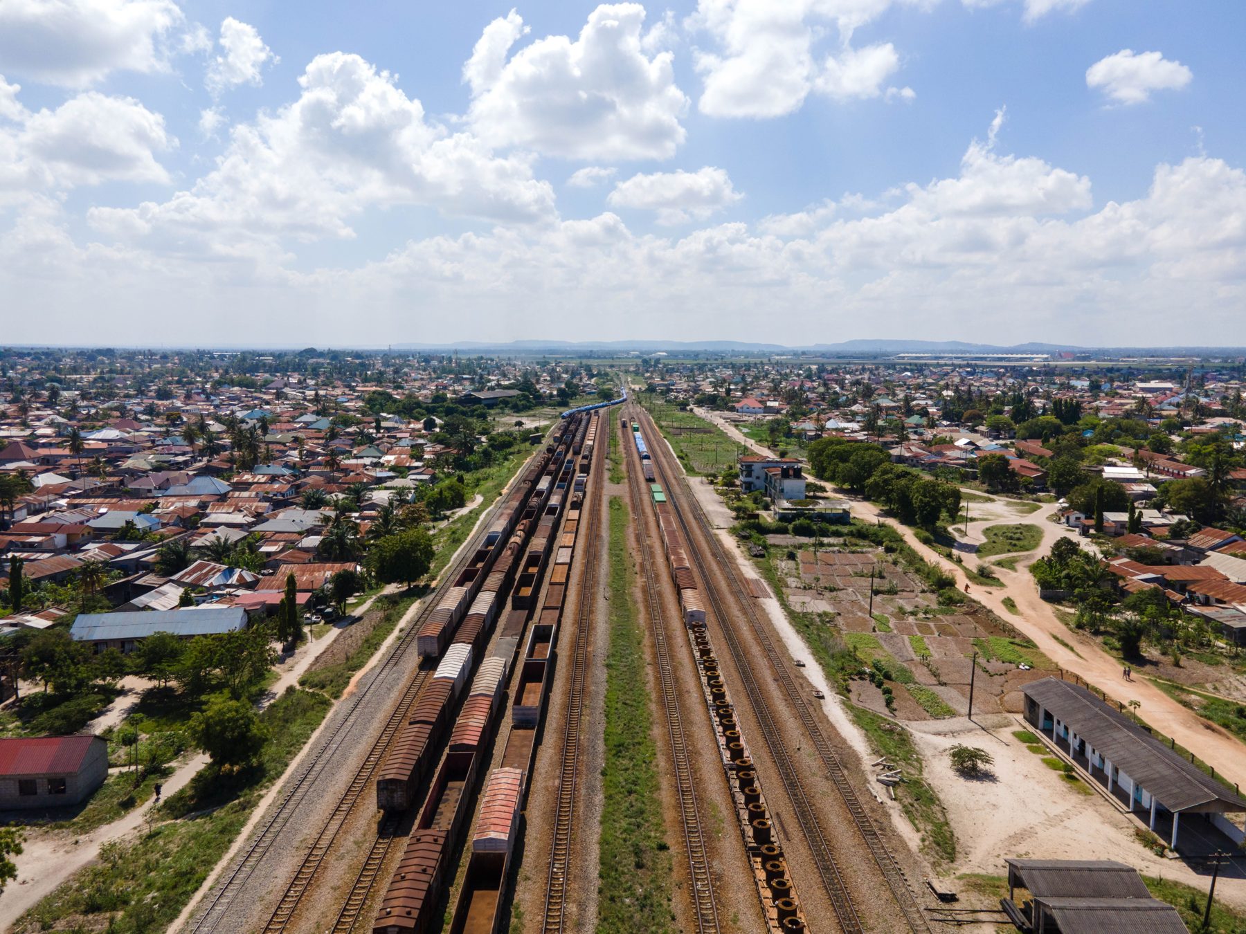 Aerial view of railways and city buildings